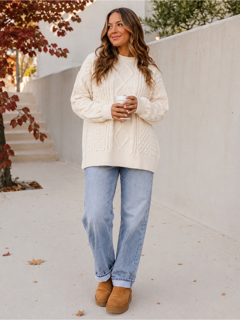 Aelfric Eden Retro 90s Cable Knit Sweater XS Cream Rory Gilmore Oversized